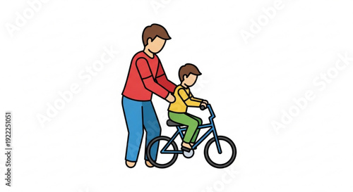 Father teaching young son to ride bicycle together outdoors with guidance and support in a simple illustration