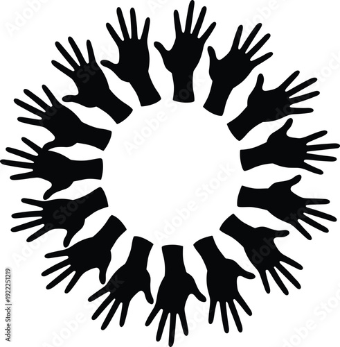 Black Silhouettes of Hands Forming a Circular Pattern on White Background circle