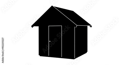 Simple black silhouette shed house with gable roof and single door on white background