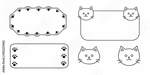 Black and white line art of cats and paw prints in frames