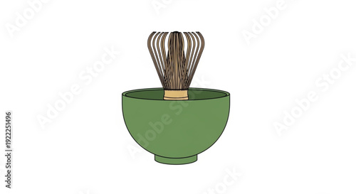 Green tea bowl with brown bamboo whisk on white background for matcha preparation