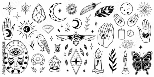 Collection of mystical hand drawn illustrations moon stars and spiritual symbols