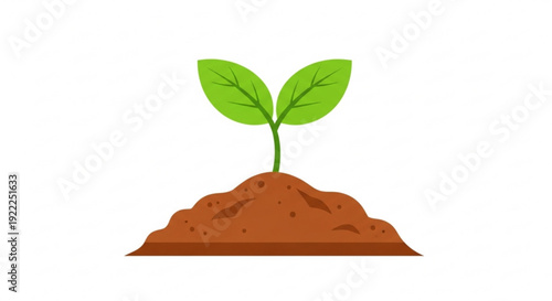 Small green sprout growing from brown soil heap symbolizing new life and growth in simple flat design illustration