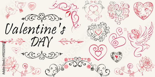 Valentine s day doodles featuring hearts birds and ornate swirls