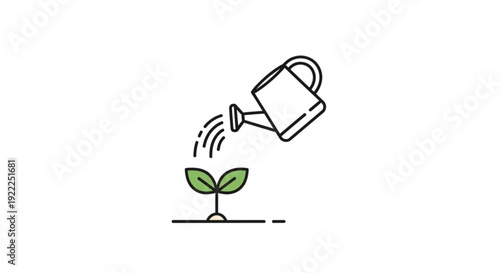 Watering can pouring water on a young green plant with two leaves growing in the ground symbolizing growth and nurturing in a simple line art style