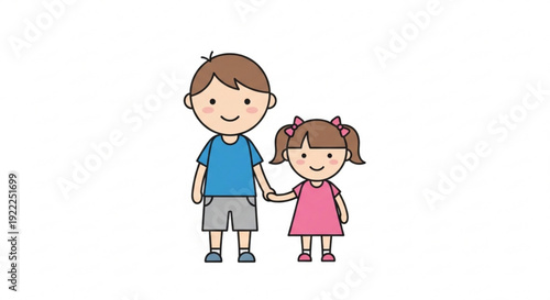 Cartoon boy and girl holding hands smiling together simple illustration white background casual clothing happy siblings childhood friendship