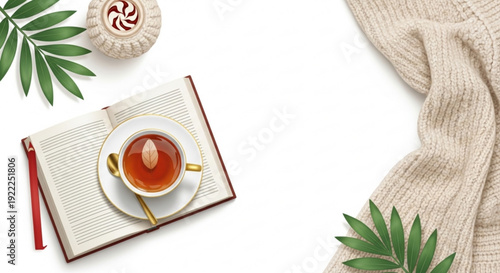 Cozy tea time with a cup of tea on a notebook surrounded by a knitted blanket and green leaves on a white background