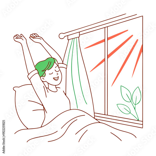 Peaceful Sunrise Stretch – Relaxed Person Yawning and Stretching in Morning Bed Vector Illustration.