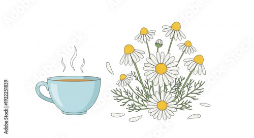 Steaming cup of tea with chamomile flowers illustration serene and calming scene perfect for relaxation and wellness concepts