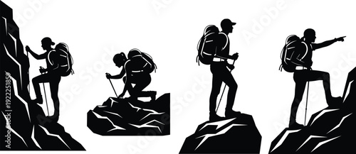 Four Silhouette Hikers Climbing and Standing on Rocky Terrain with Backpacks silhouettes