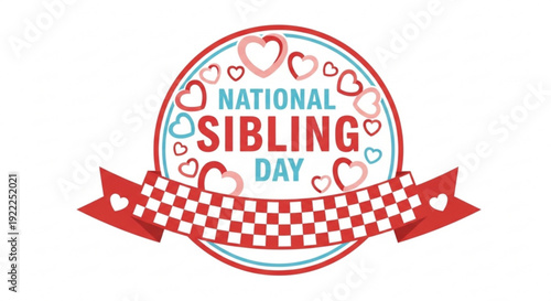 National sibling day celebration logo with hearts and checkered ribbon on white background