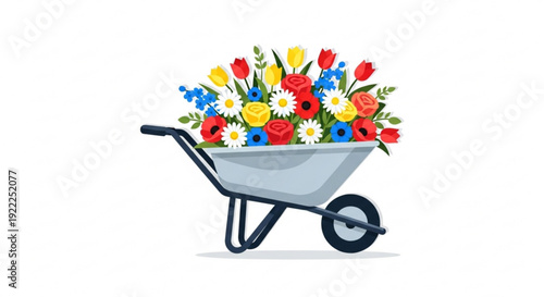 Colorful wheelbarrow overflowing with vibrant bouquet of fresh flowers gardening and spring concept