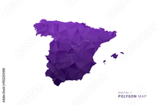 Spain Map - Polygon Style Vector Illustration in Deep Purple Gradient, Low Poly Geometric Design, Isolated on White Background for Infographics and Digital Use.