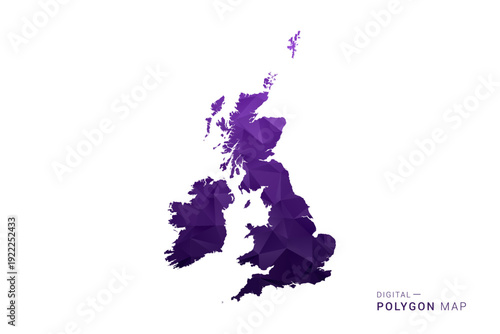 United Kingdom Map - Polygon Style Vector Illustration in Deep Purple Gradient, Low Poly Geometric Design, Isolated on White Background for Infographics and Digital Use.