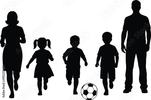 Silhouettes of a family of five running with a soccer ball in the center five people