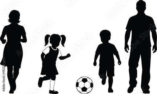 Silhouettes of a family playing soccer with a black and white ball on a white background
