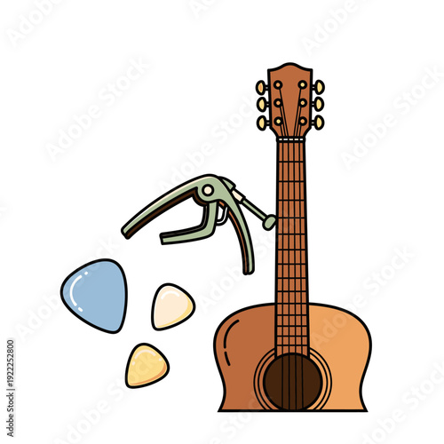 Illustration of a guitar with a capo and picks on a transparent background viewed from the front.