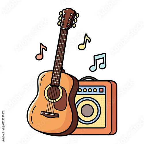 An acoustic guitar leaning against an amplifier with musical notes floating around in a lively scene