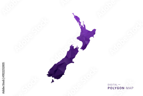 New Zealand Map - Polygon Style Vector Illustration in Deep Purple Gradient, Low Poly Geometric Design, Isolated on White Background for Infographics and Digital Use.