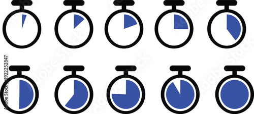 Stopwatch progress indicators with varying completion levels