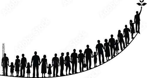 Silhouettes of diverse people holding hands in a line on a curved path with a person holding a plant at the end