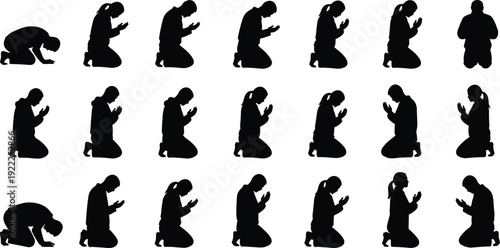 Set of Muslim men and women praying silhouettes, Islamic namaz positions kneeling in devotion isolated on white background