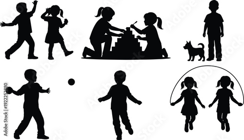 Silhouettes of children playing with toys building blocks jumping rope and a dog in a park setting