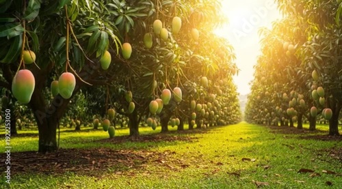Image is a vibrant, high-resolution photograph depicting a lush mango orchard. The layout features rows of mango trees extending into the distance, creating a sense of depth and perspective. The foreg