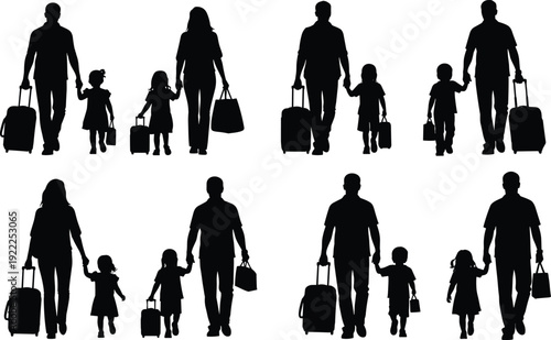 Silhouettes of families with children and luggage walking together in different formations family
