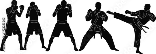 Silhouettes of martial artists performing boxing and karate moves in black and white attire martial arts
