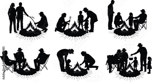 Silhouettes of people around campfires in various activities and settings outdoor
