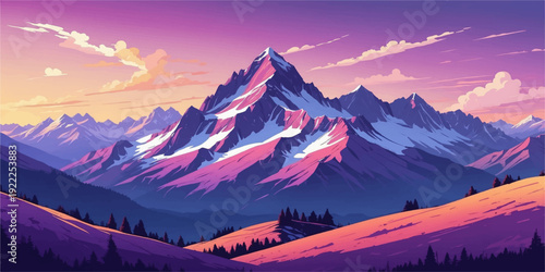 High alpine peak panorama of the snowy Himalaya mountains at sunset and sunrise with a cold winter forest landscape under a cloudy sky