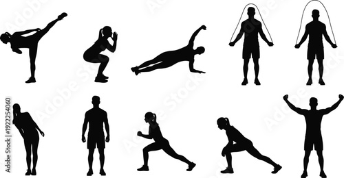 Silhouettes of people performing various exercises and stretches in black and white yoga