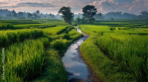Serene Rice Field Landscape at Sunrise with Reflections in Water and Lush Greenery, Bali, Indonesia, Rural Beauty in Natural Environment
