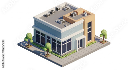Isometric view of a modern commercial building with architectural details and design.