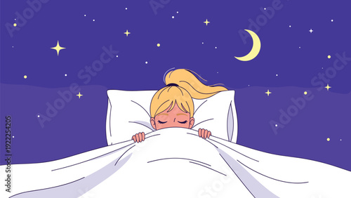 Peaceful young girl sleeping soundly in bed tucked under a blanket with the starry night sky and crescent moon visible above.