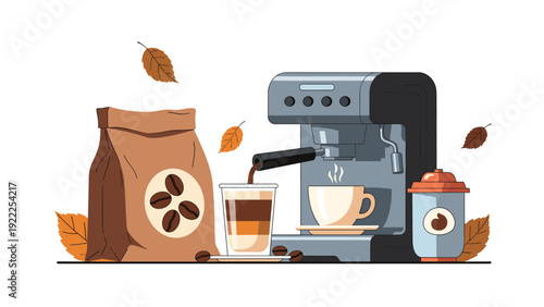 Modern espresso machine brewing coffee into glasses surrounded by coffee beans a brown paper bag and autumn leaves.