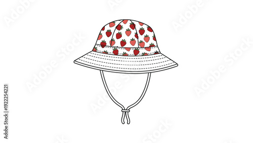 Cute white baby bucket hat featuring a colorful strawberry print and an adjustable chin strap for sun protection and style.
