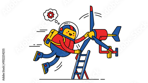 Cartoon engineer fixing propeller aircraft mid-air. Aviation maintenance, innovation & problem-solving concept.