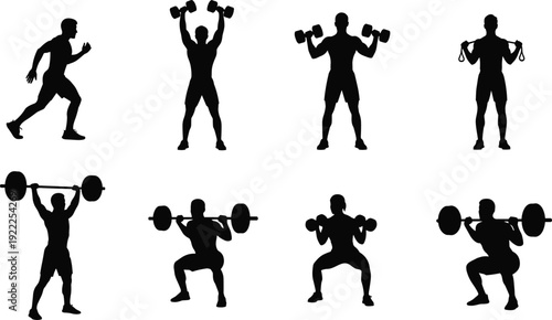 Silhouettes of people performing various weightlifting and running exercises in black and white