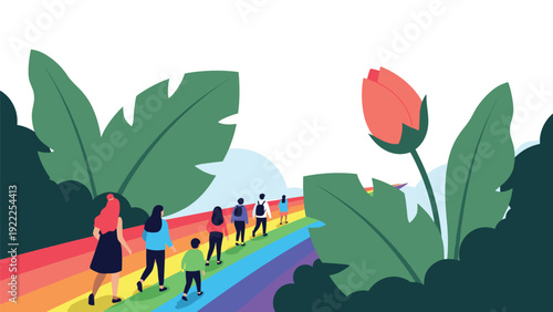 Group of diverse people walking along a vibrant rainbow path leading into the sky framed by large green leaves.