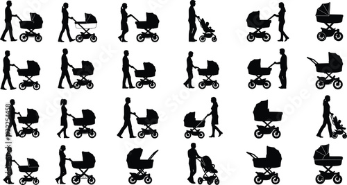 Silhouettes of people pushing and standing next to various baby strollers and carriages on a white background