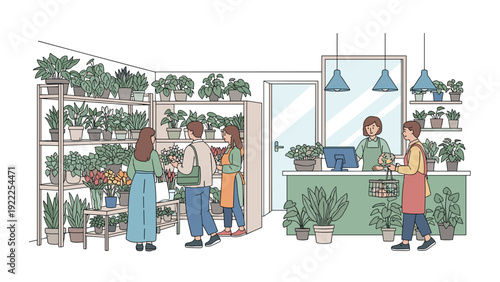 Customers browsing and buying plants in a cozy well-stocked flower shop with a cashier serving them at the green counter.