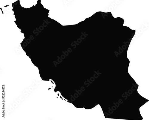 Black silhouette map of Iran isolated on white background, detailed geographic country outline of Middle East nation for cartography, infographic, and design use.
