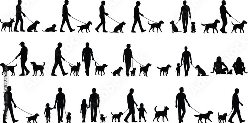 Silhouettes of people walking dogs and children in various configurations on a white background