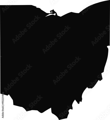 Black silhouette map of Ohio state isolated on white background, detailed geographic outline of Midwest United States region for design and cartography use.