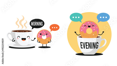 Comparisons of coffee and donut characters smiling in the morning and a donut sitting in a cup for the evening.