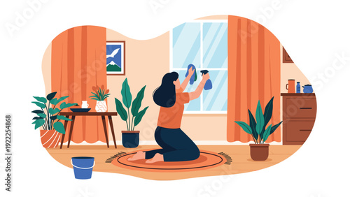 Woman kneeling on a rug cleaning a living room window with a spray bottle and a cloth inside a bright home interior.