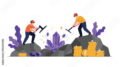 Two miners with pickaxes digging for large purple crystals and stacks of gold coins in a mountain of dark rocks.