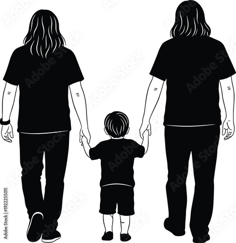 Three People Holding Hands Walking Together Back View Black and White